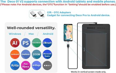 Графічний планшет XP-PEN DECO01V2, малювання, 10 x 6 дюймів, пасивний стилус, 8192 кроки, нахил і 8 ярликів, сумісний з Windows/Mac OS/ChromeBook/Android Deco01 V2