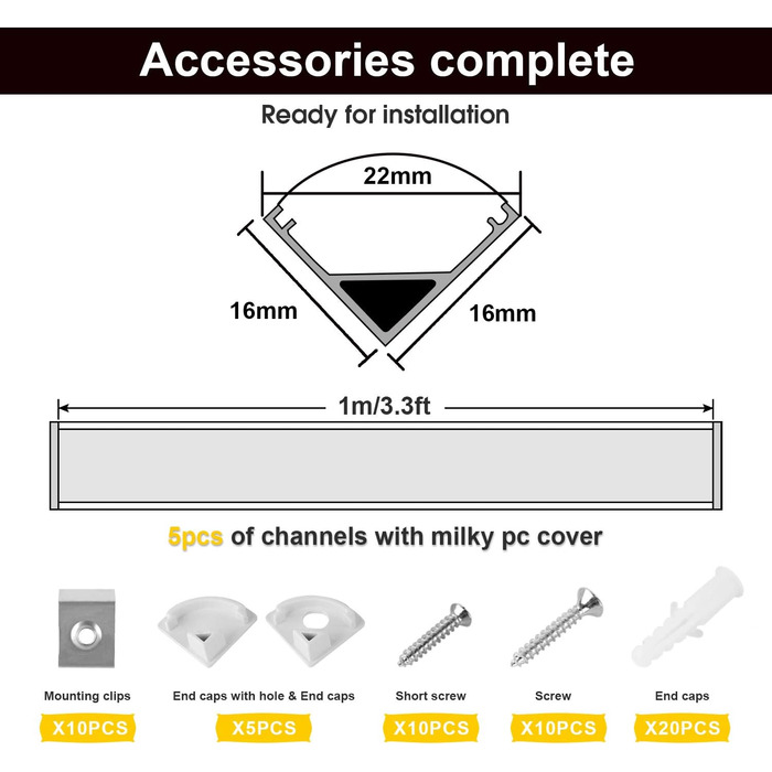 Світлодіодний профіль kefflum 5x1 м, 5 упаковок світлодіодного алюмінієвого профілю V-подібний кутовий профіль Світлодіодні канали з кришкою, торцевими кришками та кріпильними затискачами для світлодіодних стрічок Стрічки/стрічки до 10 мм білі 5 шт. V (10