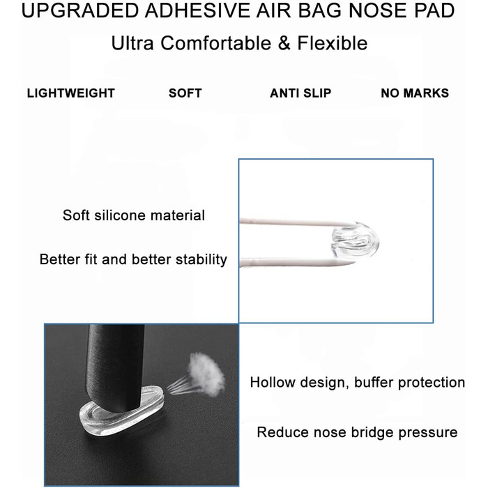 Носові упори Mr.ZzjOOj для окулярів, 5 пар модернізованих самоклеючих м'яких силіконових носових окулярів з повітряною камерою, підняті носові упори 3,2 мм для пластикової оправи (прозорі)