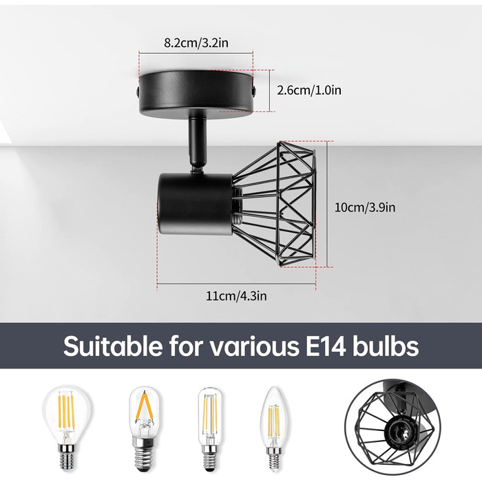 Настінний точковий світильник Eofiti E14 1 полум'я чорний настінний світильник внутрішній вінтажний настінний пляма з металу поворотний настінний світильник ретро стельовий точковий світильник для кухні вітальні спальні макс. 28 Вт без лампочки