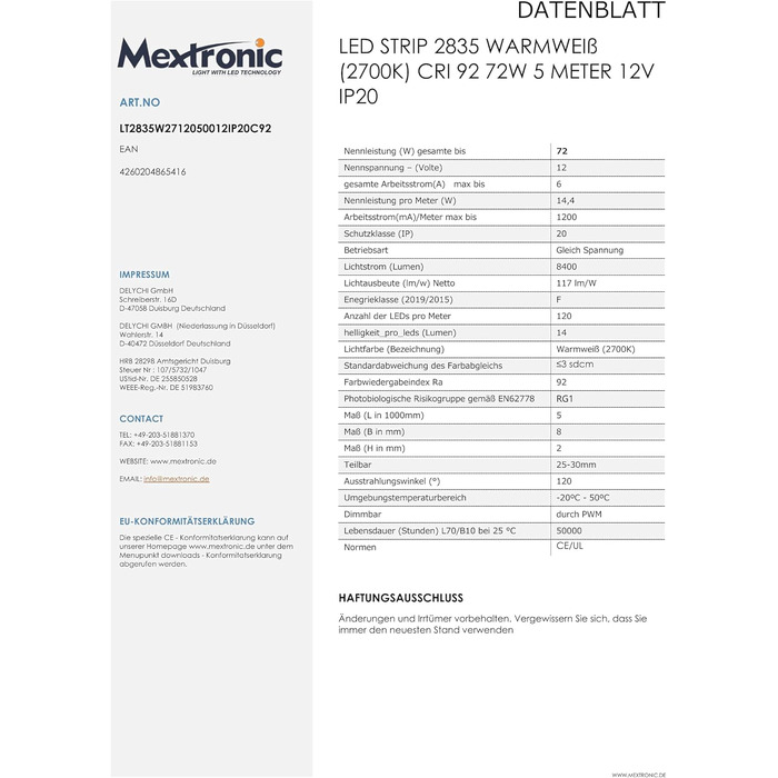 Світлодіодна стрічка Mextronic Світлодіодна стрічка 2835 тепла біла (2700K) CRI 92 72W 5 метр 12V IP20