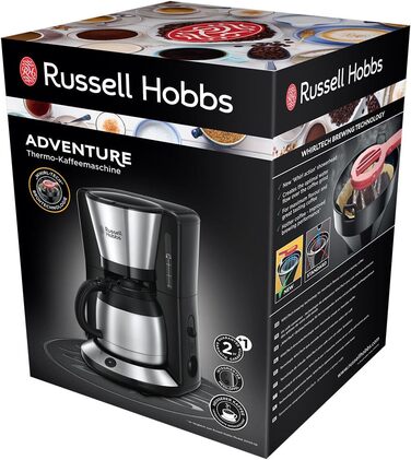 Кавоварка Russell Hobbs душова лійка для оптимальної екстракції та аромату Adventure (макс. 8 чашок, термоглечик 1,0 л, автоматичне вимкнення, крапля-стоп, 1100 Вт) Кавоварка з фільтром 24020-56, чорна