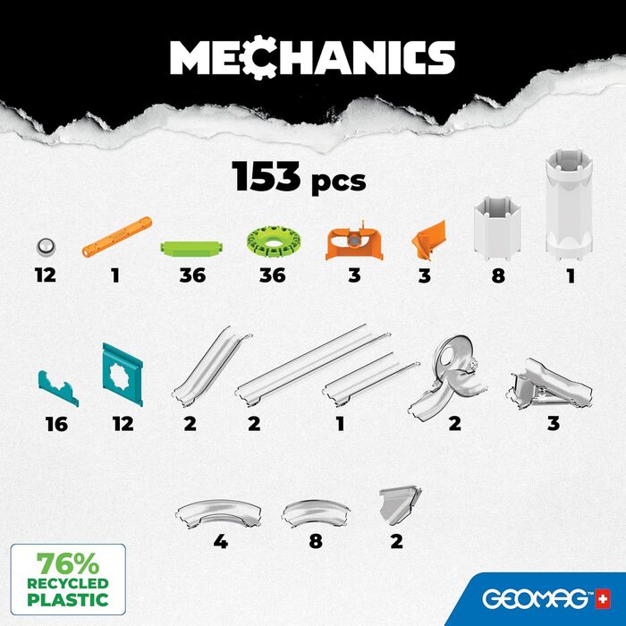 Стартовий набір Geomag Механіка та гравітація 153 деталі, Навчальні та творчі ігри для дітей, Магнітні конструктори, 153 деталі, Перероблений пластик