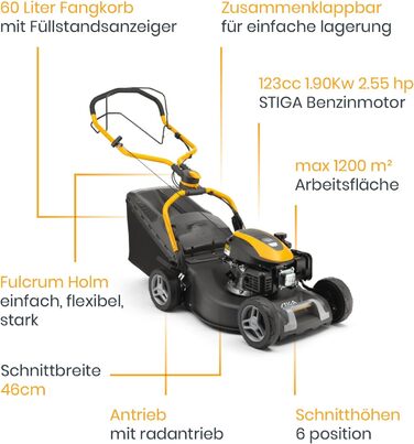 Бензинова газонокосарка STIGA Collector 548 S, бензиновий двигун STIGA 123 куб.см, 1900 Вт, ширина зрізу 46 см, мішок для збору сміття 60 л