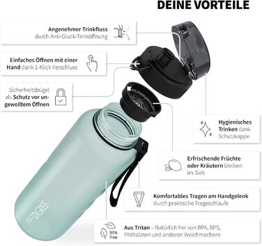 Пляшка для води 720DGREE 1л Sport 'uberBottle softTouch Sieb - Без BPA - Пляшка для води для універу, роботи, фітнесу, велосипеда, активного відпочинку, роботи - спортивна пляшка з тритану - легка, ударостійка, багаторазова (1500 мл, 10 пляшок - зелена Со