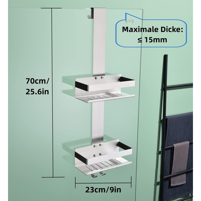 Підвісна душова полиця KigKog, 2-поверхова підвісна душова полиця, матовий нікель, нержавіюча сталь SUS304 Подвійна підвісна душова корзина з гачками для скляної душової кабіни, K07-23BN-2GL 2 полиці, матовий нікель, нержавіюча сталь SUS304