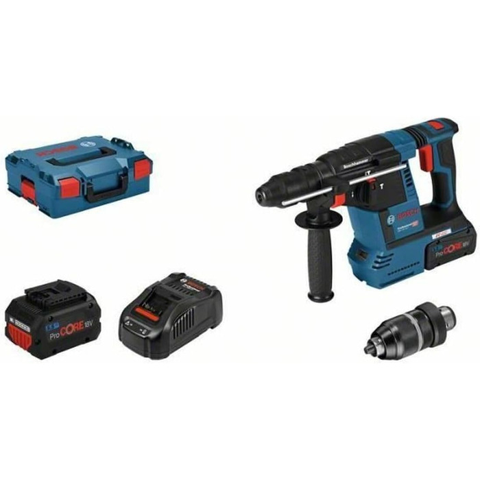 Акумуляторний перфоратор Bosch Professional 18V System GBH 18V-26 F (2,6 Дж, SDS plus, свердління та довбання, KickBack Control, вкл. 2 акумуляторні батареї ProCORE18V 5,5 Ач, зарядний пристрій GAL 1880 CV, додаткова рукоятка, L-BOXX) в корпусі L-BOXX (2х