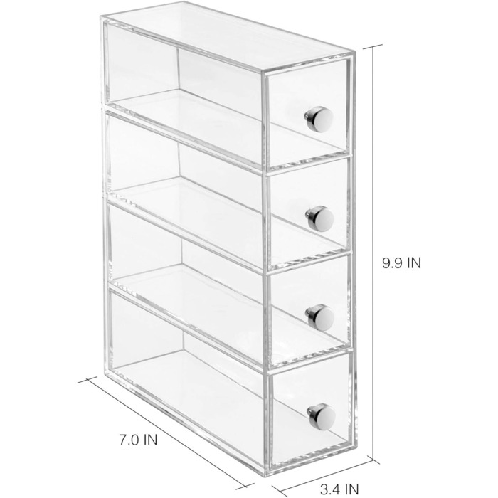 Органайзер для макіяжу iDesign з 4 шухлядами, вузька пластикова висувна вежа, горизонтальна та вертикальна коробка для макіяжу, прозорий