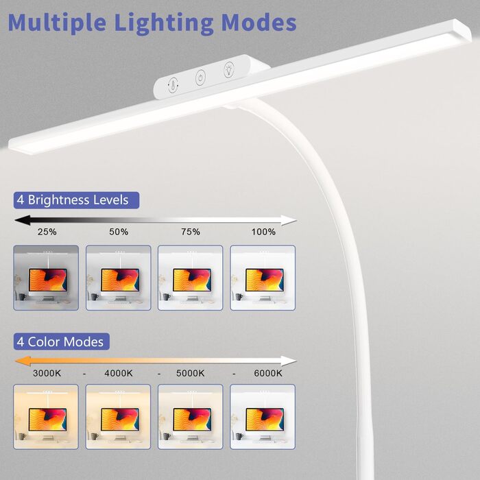 Настільна лампа EppieBasic LED з регулюванням яскравості, яскрава настільна лампа світлодіодна затискна, робоча лампа для захисту очей для домашнього офісу, офісна настільна лампа на гусячій шиї, сучасна лампа для монітора для навчання читання білий