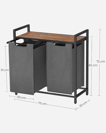 Кошик VASAGLE 2 x 46 л, 73 x 33 x 72 см для білизни з полицею із тканини Oxford з металевою рамою коричнево-чорний