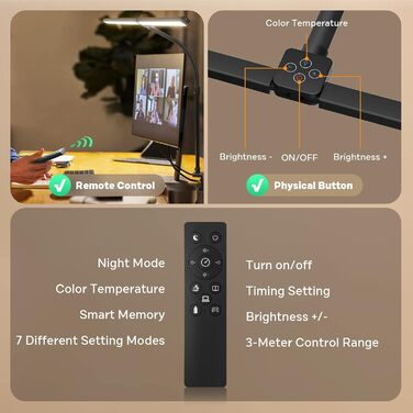 Настільна лампа APMIEK з подвійною головою світлодіодна лампа з регулюванням яскравості, 24 Вт 100 режимів освітлення, затискна лампа денного світла Настільна лампа, офісна настільна лампа на гусячій шиї, лампа для захисту очей на робочому місці, чорна