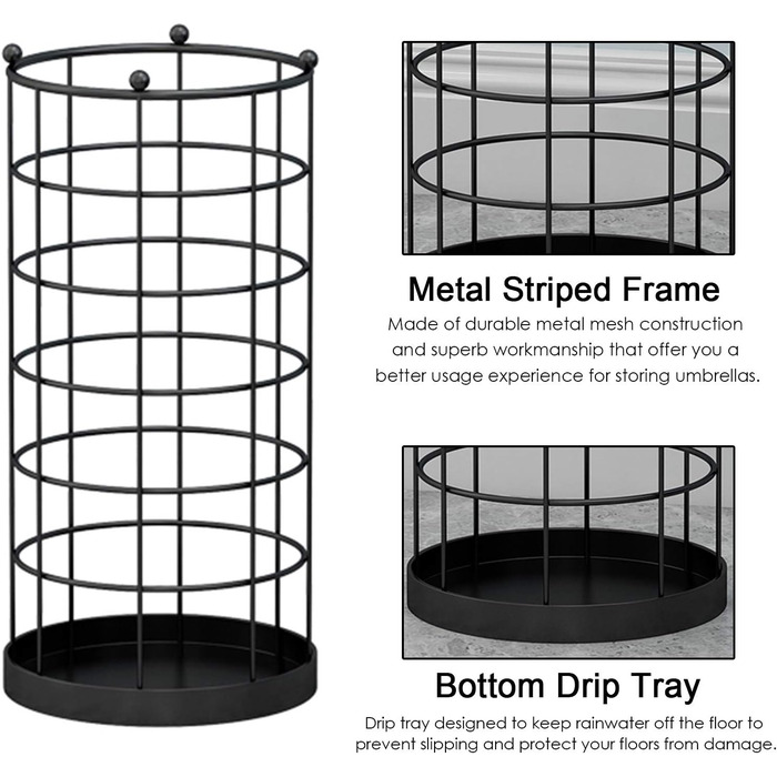 Загальна підставка для парасольки, круглий залізний тримач для парасольки, окремо стоячий органайзер для зберігання з 4 гачками, для дому та офісу, міцний, міцний/чорний