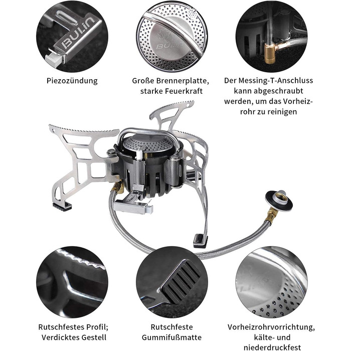 Газовий кемпінг Bulin Плита для кемпінгу Газова плита з п'єзопідпалом Складна газова плита на відкритому повітрі Плита з лобовим склом Газовий пальник для кемпінгу Трекінг Піші прогулянки Пікнік Піші прогулянки 3500w