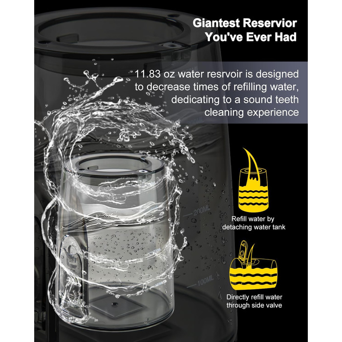 Потужний бездротовий флоссер для води, портативний флоссер для води з 5 режимами OLED-дисплея, 8 змінними насадками та знімним резервуаром для води 350 мл для домашнього використання (чорний)