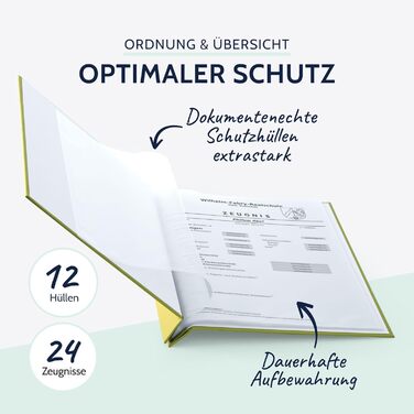 Папка для сертифікатів пастельна папка для документів DIN A4, папка для документів з кришкою, що загвинчується, і 12 прозорими кишенями, папка з лляної структури з 12 рукавами, приблизно 24 x 31,5 x 2 см (Green 3), 36113