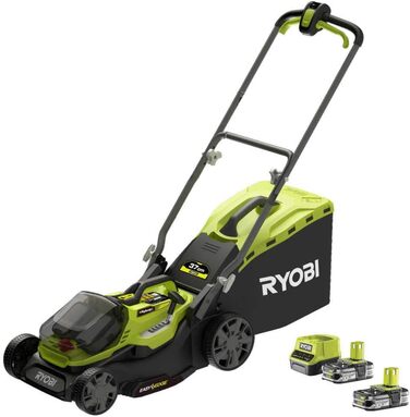 Гібридна газонокосарка Ryobi (живлення від акумулятора / мережі, ширина зрізу 37 см, в комплекті 2 акумулятора 2,5 Ач, травозбірник 45 л, мульчування, регулювання висоти зрізу) RY18LMH37A-225