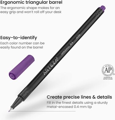 Набір ARTEZA Inkonic Fineliner, наконечник 0,4 мм, кольоровий журнал Bullet Journal Fineliner трикутний з ергономічним хвостовиком і кольоровими номерами для розфарбовування, малювання та деталізації, упаковка 48 шт.