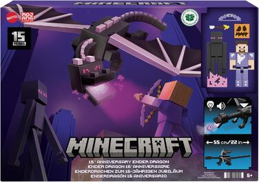 Набір фігурок Mattel Minecraft Ендер Дракон, світло, звуки та дим зі Стівом та Ендерменом, точнісінько в масштабі до фігурок заввишки приблизно 8 см HTN25