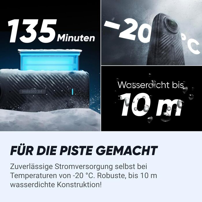 Водонепроникна екшн-камера 8K 360, ширококутне відео 4K, ефект невидимої палиці для селфі, час автономної роботи 135 хв, редагування AI, стабілізація, без картки microSD, 360 X4 Ski Bundle -