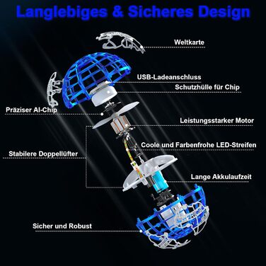 Літаюча куля, літаюча куля-куля з RGB світлом Магія Бумеранг Плаваюча куля-вертушка Іграшка для дітей 6 8 10 Хлопчики Дівчатка Внутрішній Зовнішній Синій