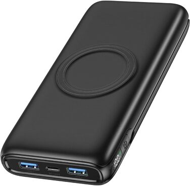 Бездротовий Powerbank 27000mAh 22.5W Швидка зарядка PD QC 3.0 Зовнішня батарея зі світлодіодним дисплеєм та 4 виходами Бездротовий портативний зарядний пристрій для смартфонів, планшетів більше (чорний)