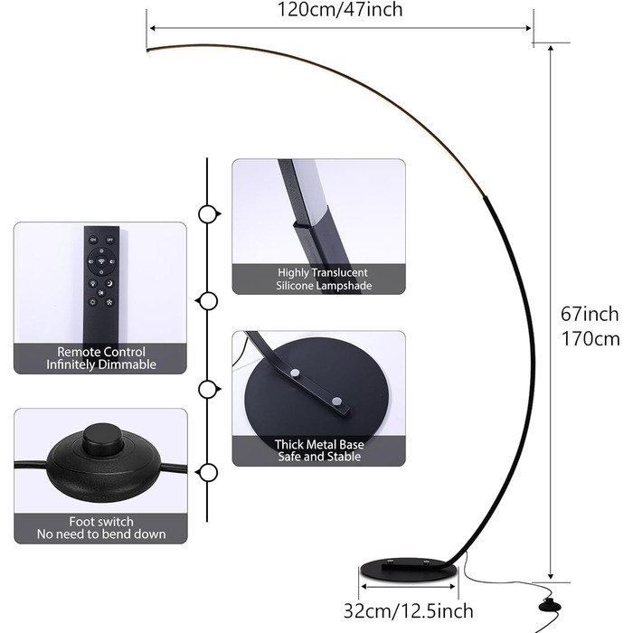 Світлодіодний торшер Aanyhoh Дугова лампа з регулюванням яскравості Вітальня, 25 Вт Чорний торшер з пультом дистанційного керування, Сучасна дугова лампа 3 Колірна температура та функція пам'яті, Лампа для читання для дивана Офісна спальня, В 170 см