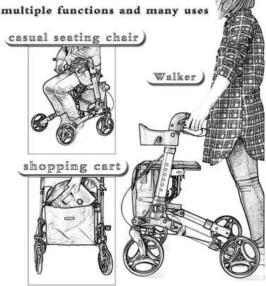 Допоміжні засоби для ходьби для літніх людей, алюмінієві алюмінієві допоміжні засоби для ходьби дорослих, розбірні, допоміжні засоби для ходьби для людей похилого віку з колесами та сидінням, регульована ручка, спільне використання