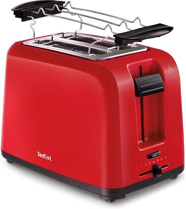 Тостер TEFAL TT1A2510 Подвійний слот з 7 рівнями підсмажування з насадкою для хлібних булочок Ящик для крихт 800 Вт Функція підйому Функціональна кнопка для кнопки зупинки, розморожування та нагрівання червоний