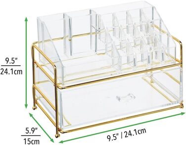 Практична полиця для зберігання косметики у ванній кімнаті або спальні ящик для зберігання з 16 відділеннями та одним ящиком латунь/прозора латунь/прозора 15,2 x 24,1 x 24,1 см