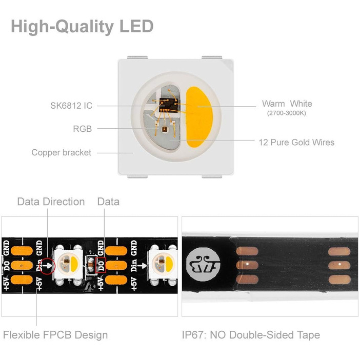 Теплий білий SK6812 5 м 60 світлодіодів/пікселів/м 300 світлодіодів Індивідуально адресований гнучкий RGBтеплий білий 4 кольори в 1 світлодіодна стрічка Dream Color Не водонепроникна IP30 DC5V (5M 300 світлодіодів IP67 чорна друкована плата, теплий білий)