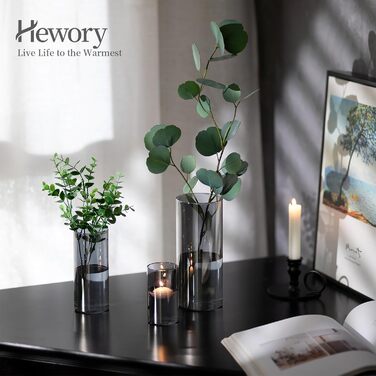 Ваза чорний скляний циліндр Скляна ваза Hewory 3er Windlicht Glas Set Wohnzimmer Deko Modern, чорні вази скляний підсвічник скляний циліндр з дном, скляний циліндр сірий для декору кімнати, 10/15/20см SML - 3er Grey