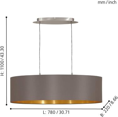 Підвісний світильник EGLO Maserlo, підвісний світильник з текстилю 3 полум'я, підвісний світильник з металу срібла з абажуром кольору капучино та золота, цоколь E27, Ø 53 см (підвісний світильник, довжина 780 мм)