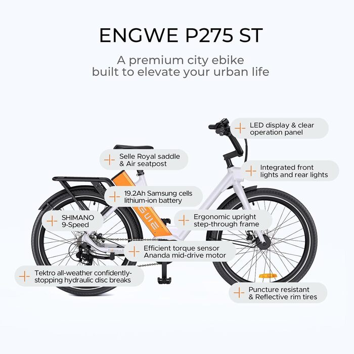 Чоловічий гірський велосипед ENGWE E Bike, запас ходу Ebike 260 км на акумуляторі 36 В 19.2 Ач, середній двигун E-Bike 250 Вт Макс. 25 км/год, електричні велосипеди 27.5 * 2.4-дюймові шини, приміський електричний велосипед для дорослих P275 Black P275 ST