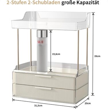 Організатор косметики для макіяжу з 2 ящиками, багатофункціональне зберігання косметики на 3 рівнях, органайзер для косметики, органайзер для догляду за шкірою для туалетного столика у ванній кімнаті, спальні (кремово-білий)