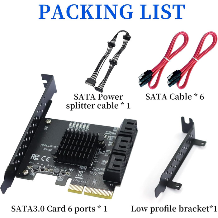 Карта 6 портів, 6 Гбіт/с 4 шт. SATA 3.0 PCIe карта, PCIe до SATA контролера плата розширення без рейду з 6 кабелями SATA низькопрофільний кронштейн, Plug and Play Windows, Linux система ASM1166 чіп 6 портів 4x-чорний