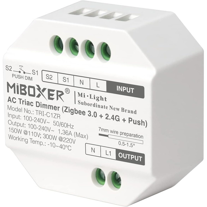 Диммер Milight Miboxer Zigbee3.0, одноколірний контролер світлодіодної стрічки, 12 В/24 В, сумісний із додатком Zigbee Storeo Echo / голосовим керуванням, (Tri-c1zr)