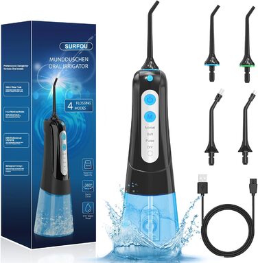 Акумуляторні водяні нитки 300 мл 4 режими 4 насадки, Water Flossers Travel Water Flosser IPX7 Водонепроникний USB-акумулятор для подорожей та дому