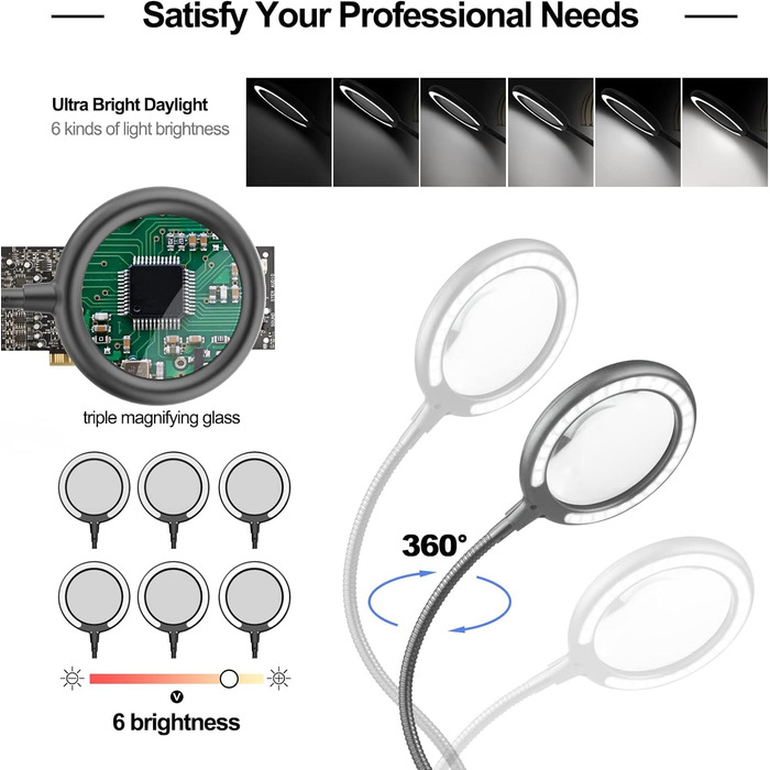 Лупа з легким третьою рукою Паяння 3-кратним збільшенням Допомагаючі руки Лампа-лупа з підсвічуванням з 28 світлодіодами з регулюванням яскравості, потужна база 4 гнучкі допоміжні кронштейни з підсвічуванням для рукоділля, паяння, хобі Сірий