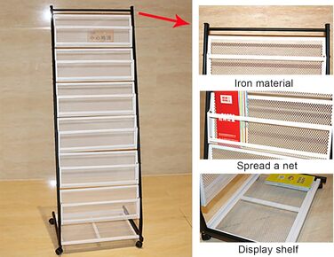 Підлогова стійка для журналів для вітальні, ванної кімнати, тримач для брошур з чорного металу - 7 кишень, портативний вертикальний органайзер для буклетів на коліщатках