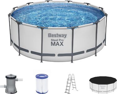 Каркасний басейн Bestway Steel Pro MAX Повний комплект з фільтруючим насосом Ø 366 x 122 см, світло-сірий, круглий одинарний