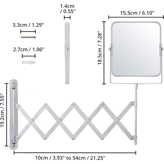 Хромоване косметичне дзеркало Belle Vous з настінним кріпленням Висувне 360 -3-кратне збільшення -15,5x18,5 см Двостороннє телескопічне дзеркало для макіяжу Дзеркало для макіяжу ванної кімнати з нержавіючої сталі для макіяжу та гоління