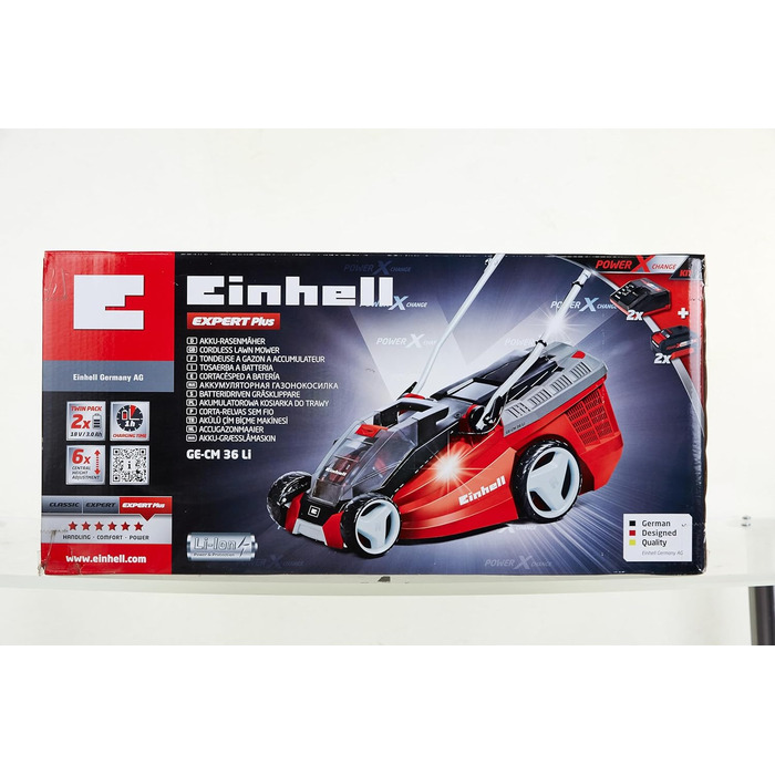 Акумуляторна газонокосарка Einhell GE-CM 36 Li Kit Power X-Change (36 В, ширина зрізу 36 см, до 350 м, безщіткова, травозбірник 40 л, висота зрізу 25-75 мм, вкл. 2 акумуляторні батареї 3,0 А-год та 2 зарядні пристрої) без комплекту для мульчування