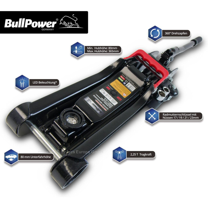 Домкрат BullPower BP600K - гідравлічний низькопрофільний домкрат 2250 кг для опущених транспортних засобів зі світлодіодним освітленням і розетками