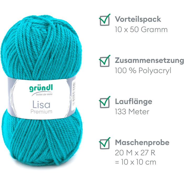 Пряжа Grndl Lisa Premium Uni Knitting & Crochet Yarn (м'яка і вовняний характер, проста в догляді миється трикотажна пряжа з 100 поліакрилу, 50 г/ 133 м, розмір голки 3,5 - 4,5, 10 кульок по 50 г кожен), (бензин)