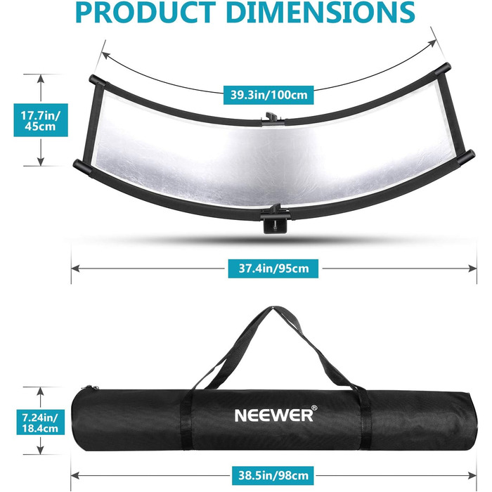 Розсіювач Neewer, рефлектор з клапаном, з чохлом для перенесення, 100 x 45 см, для фотозйомки, вигнутий, для зйомки у фотостудії, чорний/білий/золотий/сріблястий (кронштейн не входить в комплект)