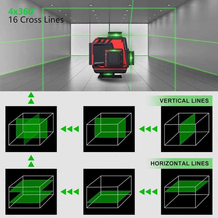 Рядковий лазерний нівелір, самовирівнювання 4x360, 4D зелений перехресний телефон і пульт дистанційного керування для будівництва 2 батарейки, червоний пульт дистанційного керування, 16-