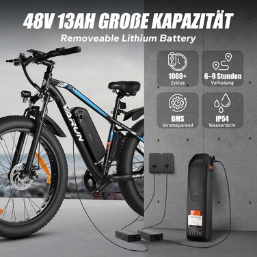 Чоловічий 26-дюймовий гірський велосипед VARUN E Bike, 4.0 Fat Tire E-Mountainbike з акумулятором 48V16Ah/13Ah, двигуном 80NM 250W, 5 режимів їзди, алюмінієвий електричний велосипед e-fatbike, сертифікат StVZO, пробіг 100-120KM Black and Blue M26-2 PRO 48