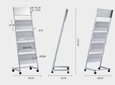 Підставка для журналів Підставка для журналів на коліщатках, підставка для літератури з 4 кишенями, підлогова, підставка для брошур, срібляста