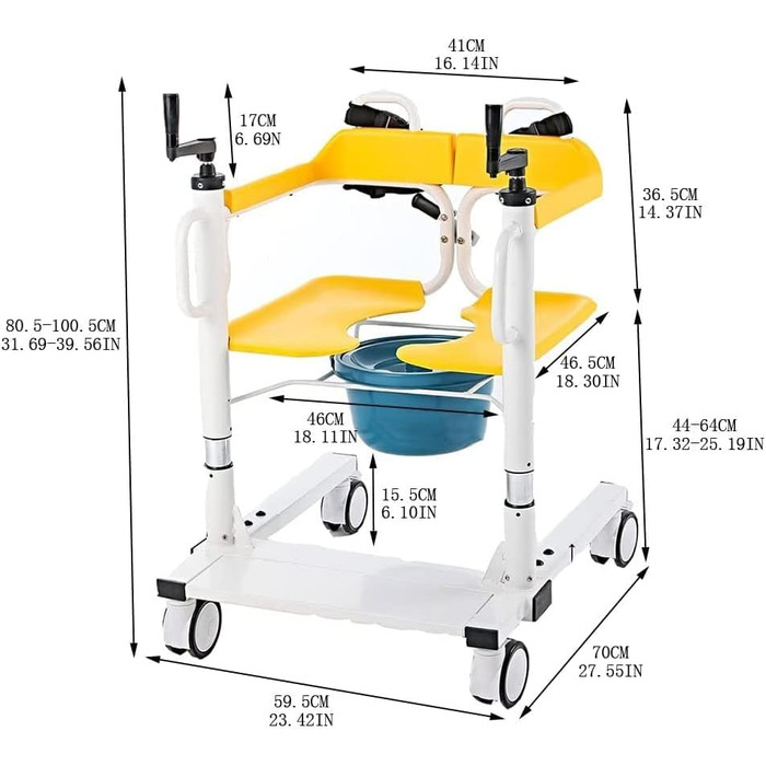 Крісло для перенесення пацієнта для дому, медичний ручний підйомник з поворотною ручкою та розділеним сидінням на 180, приліжкове туалетне крісло для людей похилого віку 120 кг, ванна кімната