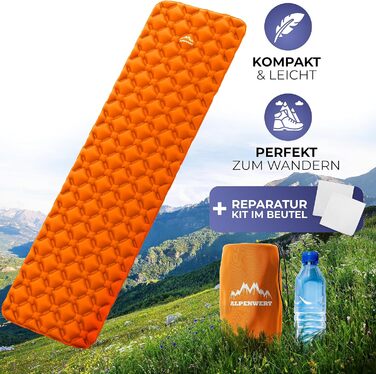 Надувний матрац Alpenwert Outdoor невеликий розмір та надлегкий Надувний матрац ідеально підходить для кемпінгу, походів, рюкзаків UVM. - Надувний спальний килимок помаранчевий